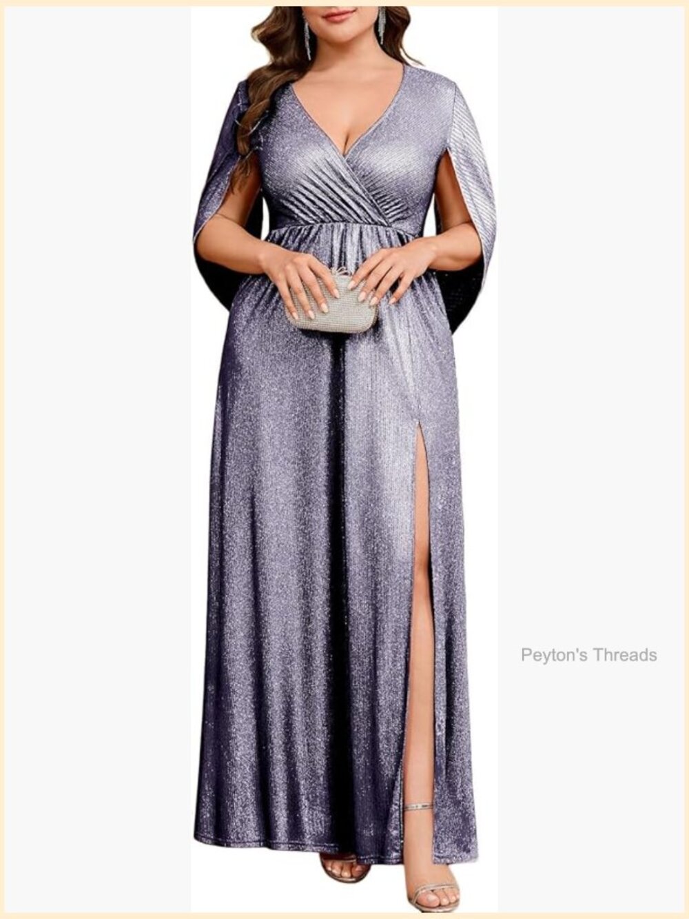 Sparkly Plus Size Formal Maxi Dress Cape Sleeve V Neck Side Split Evening Gown